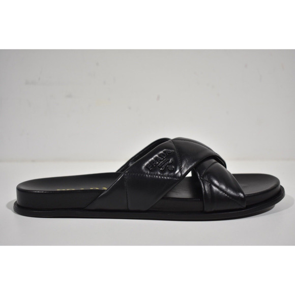 Prada Quilted Criss Cross Strap Black Leather Logo Slide Sandal Mule Flat 39.5 - Picture 2 of 12